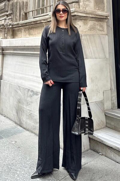 NEW LAVİVA Black Round Neck Blouse and Elastic Waist Trousers - Loose Mayan Women's Set