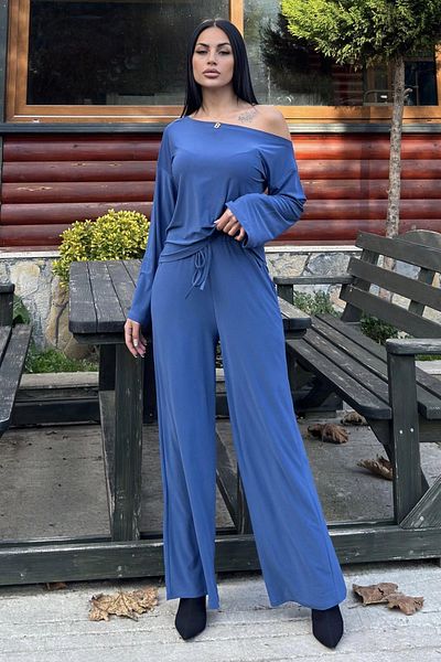NEW LAVİVA Pantaloni largi cu dantelă Indigo și bluză largi cu guler larg - Set de țesături nisipoase