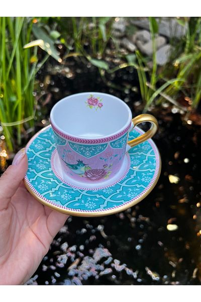 MAMALİZA Set of 2 Bird and Flower Patterned Colorful Ceramic Cups – Gold Gilded