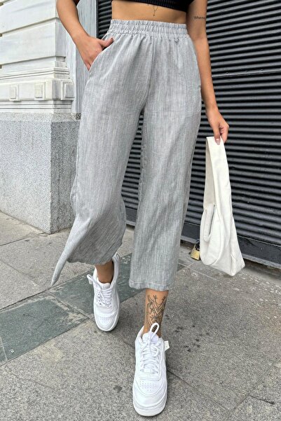 NEW LAVİVA Kadın Laci Lastikli Yüksek Bel, Cepli, Yırtmaçlı, Geniş Paça, Salaş Keten Kapri Pantolon