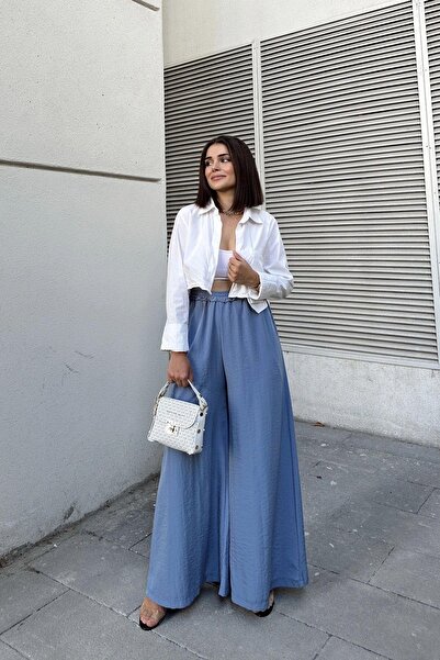 NEW LAVİVA Mavi Beli Lastikli, Cepli, İspanyol / Bol Paça Özel Kumaş, Rahat Kalıp Pantolon - Tesettüre Uygun