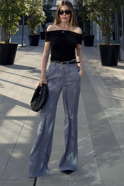 NEW LAVİVA Women's Gray High Waist, Pocket, Wide Leg Trousers