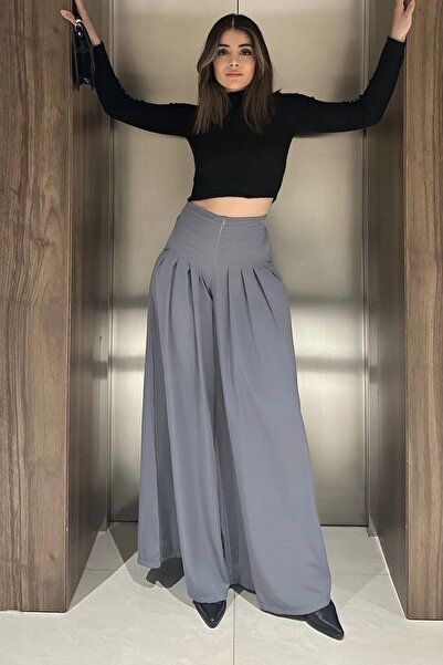 NEW LAVİVA Women's Gray Zipper Closure, Pockets, Pleated Wide Leg Skirt Pants