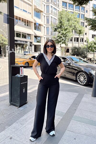 NEW LAVİVA Siyah İspanyol Bol Paça, Lastikli Bel, Keten/Airobin Kumaş, Salaş , Cepli, İç Göstermez Pantolon