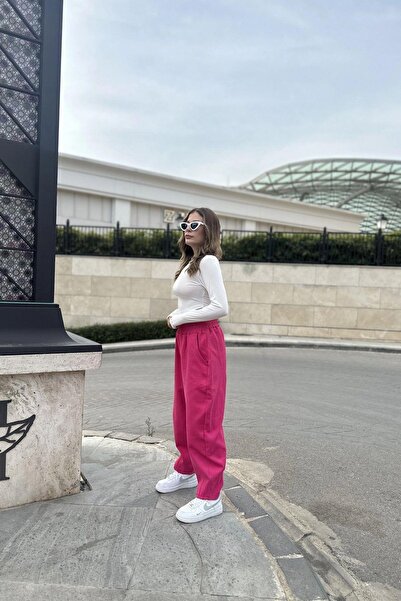 NEW LAVİVA Women's Pink High Waist, Pocket, Elastic Waist, Loose Gabardine Trousers