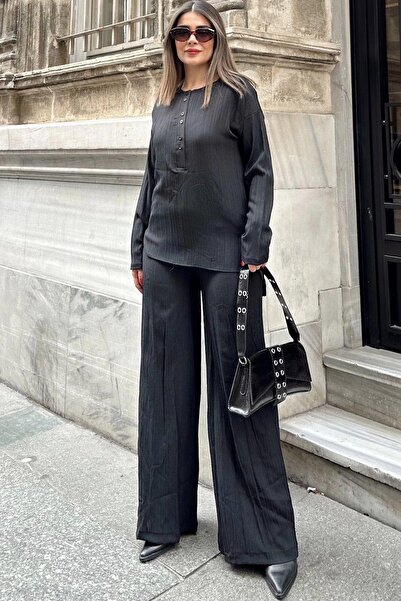 NEW LAVİVA Black Round Neck Blouse and Elastic Waist Trousers - Loose Mayan Women's Set