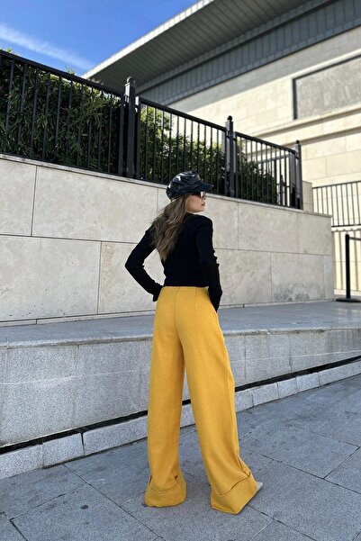 NEW LAVİVA Kadın Hardal Duble Paça, Beli Pliseli, Fitilli Kaşe Kumaş, İspanyol Pantolon