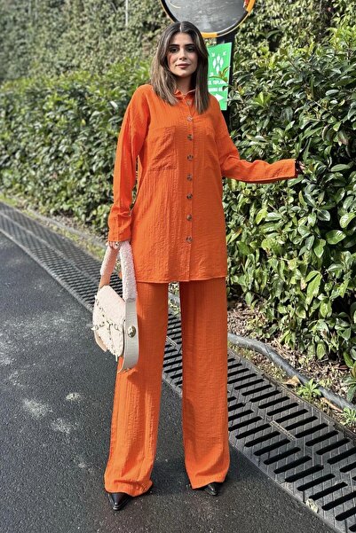 NEW LAVİVA Orange Seersucker - Double Pocket Shirt and Wide Leg Pants Set