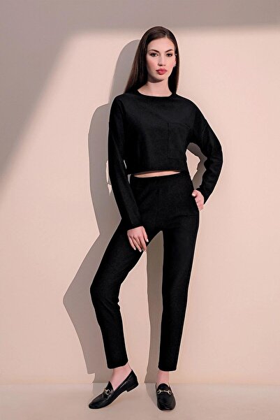 NEW LAVİVA Kadın Siyah Modern Tarz Yumuşak Dokulu Beli Lastikli Cepli Pantolon