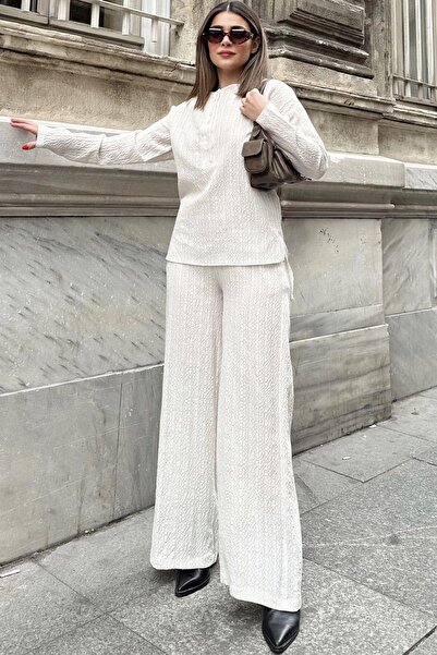 NEW LAVİVA Beige Loose Maya Suit - Buttoned Round Neck Blouse and Elastic Waist Wide Leg Trousers