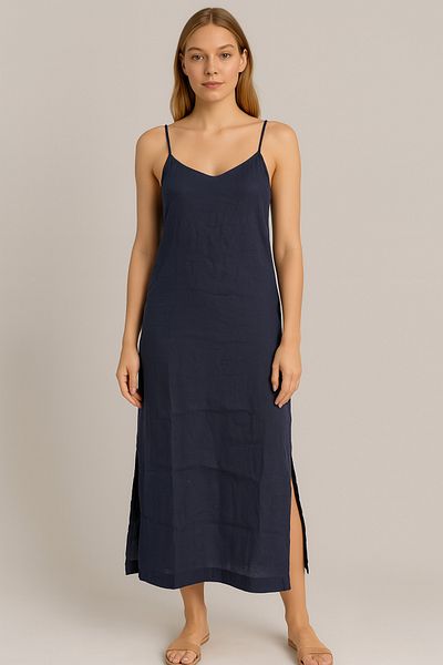 VENA Rochie Maxi Size 100% In cu bretele - ALBASTRU ÎNCHIS