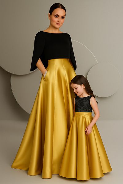 NSMLİFE Girl's Gold Satin Pleated Kilos Skirt, Suitable for Mother and Daughter Combination Skirt