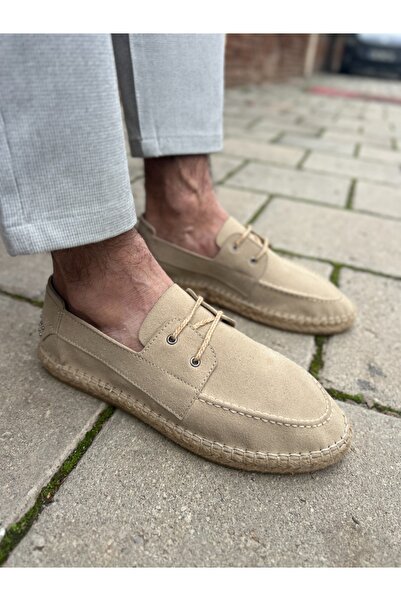 by selvi Lukka Shoes Sahra Men's Faux Leather Beige Lace-up Espadrilles