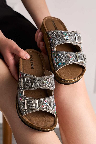İmerShoes Καθημερινές γυναικείες παντόφλες με διπλή πόρπη με πέτρινη χάντρα με λεπτομέρεια μαλακή ραμμένη ορθοπεδική σόλα από φελλό 34155