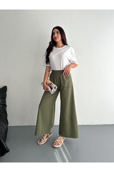 Qenz Wide Leg Gabardine Trousers - Khaki