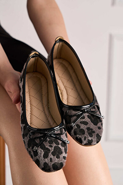 Nstil Daily Women's Leopard Ballerina Oval Toe Bow Comfortable Mold Serrated Sole Ballerina Shoes 112