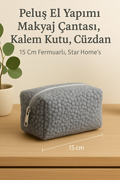 YILDIZ DİJİTAL HOME Плюшева косметичка сіра 18 см – органайзер на блискавці, ...