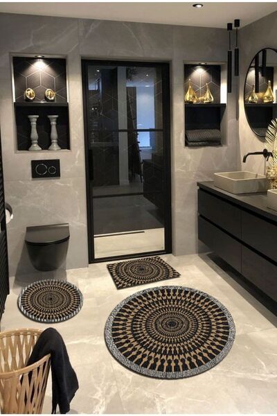 Ardizayn طابا، سجادة حمام دائرية 3 قطع، قاعدة مانعة للانزلاق، سجادة حمام (100...