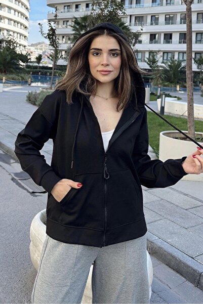 NEW LAVİVA Kadın Siyah Uzun Kol, Fermuarlı, Regular Kesim, Kapüşonlu Hoodie S...