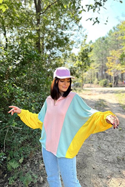 NEW LAVİVA Γυναικείο ροζ λαιμό πόλο, μανίκι νυχτερίδα, ελαστική μανσέτα, ασύμμετρο έγχρωμο μπλοκ, φαρδιά μπλούζα φούτερ