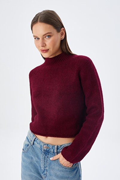 Mixray 6854 Claret Red Γυναικεία Πλεκτά Crop Πουλόβερ - Stand Collar