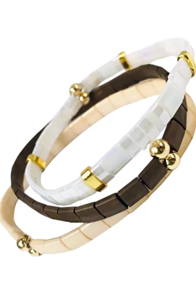 NAZLI TAKILAR Set of 3 Caramel Miyuki Tila Bracelets – Handmade, Elastic, Elegant Shades