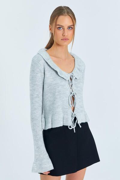 Mixray 6899 Kadın Önden Bağcıklı Hırka Gri