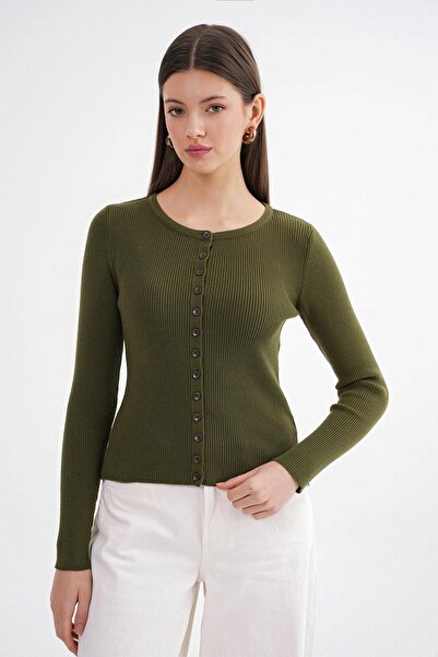 Mixray Women's Corded Knitwear Cardigan Khaki 6931 Buttoned