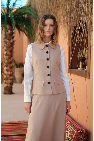 Fatma Atasoy Single Breasted Stone Linen Vest