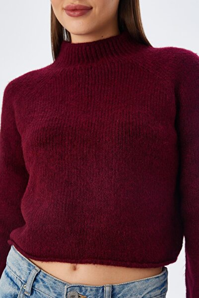 Mixray 6854 Claret Red Γυναικεία Πλεκτά Crop Πουλόβερ - Stand Collar