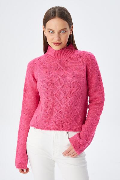 Mixray 6855 Kadın Dik Yaka Saç Örgülü Triko Kazak Fuşya