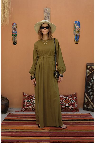 Fatma Atasoy Tunnel Gathered Oil Green Cotton Dress