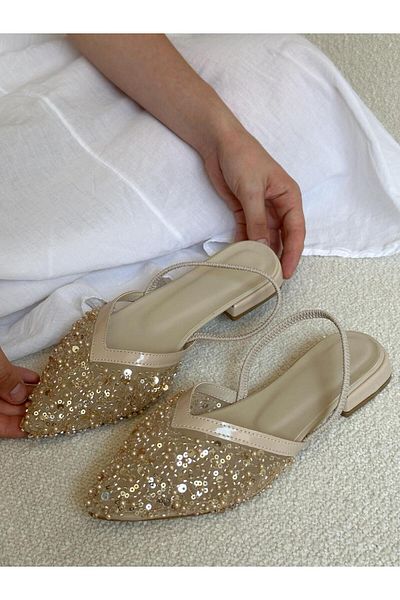 ERVANIN BUTİĞİ Gold (Bride Mini) Bead Detail Women's Ballerinas