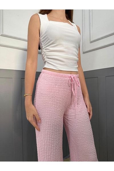 peri tower New Product Seersucker Wrap Lace-Up High Waist Trousers 0030