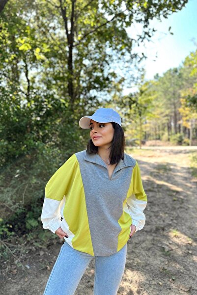 NEW LAVİVA Γυναικείο γκρι λαιμό πόλο, μακρύ μανίκι νυχτερίδας, ελαστική μανσέτα, ασύμμετρο μπλοκ χρώματος, φαρδιά μπλούζα φούτερ