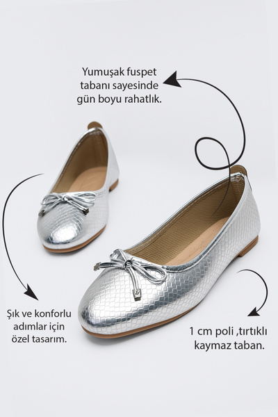 Nstil Günlük Kadın Gümüş Babet Oval Burun Fiyonk Rahat Kalıp Tırtıklı Taban Balerin Ayakkabı 112