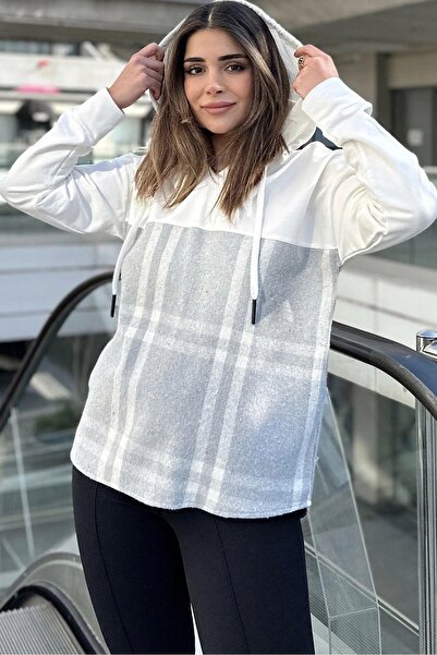 NEW LAVİVA Women's Ecru & Gray Plaid Garnished, Relaxed Fit, Hooded Two Thread Sweatshirt