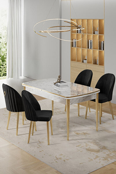 Canisa Rada Serisi 80x132 Açılabilir Lak Panel Beyaz Mermer Desen Masa 4 Siya...