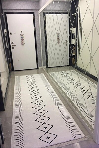 VOPTEKS Siyah Beyaz Iskandinav Yolluk Koridor Halısı Makinede Yıkanabilir Kay...