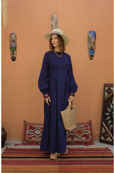 Fatma Atasoy Tunnel Gathered Navy Blue Cotton Dress