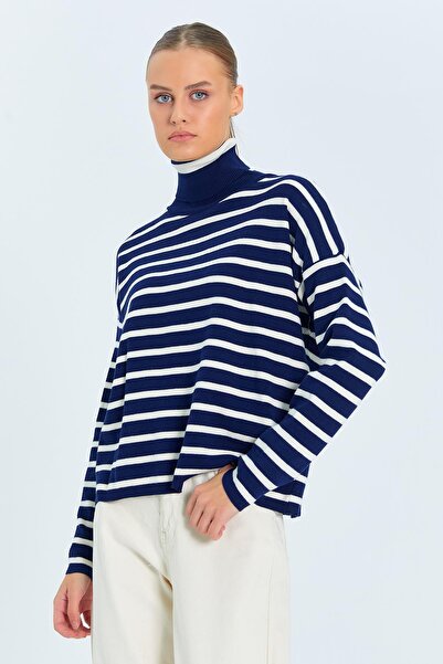 Mixray 6802 Kadın Çizgili Balıkçı Yaka Triko Kazak Lacivert