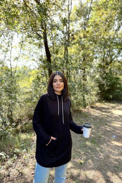 NEW LAVİVA Γυναικείο μαύρο μακρυμάνικο, γιακά με κορδόνια, κουκούλα, τσέπη καγκουρό, φαρδύ, μακρύ φούτερ τουνίκ