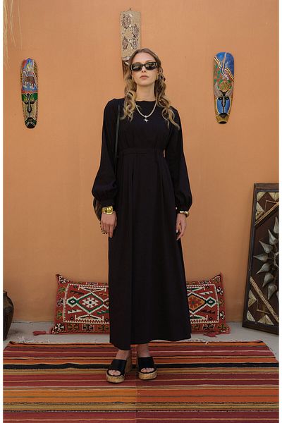 Fatma Atasoy Tunnel Gathered Black Cotton Dress