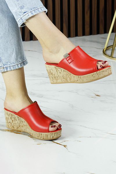 Erkan Saçmacı Fitoria Red Genuine Calf Leather Open Front Cork Sole Look Wedge Heeled Slippers