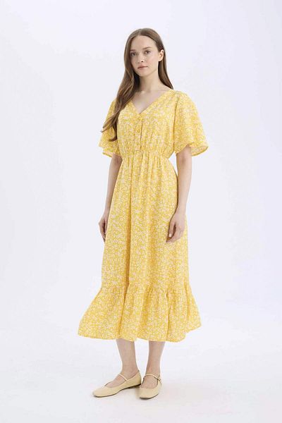 DeFacto A-Line V-Neck Floral Print Short Sleeve Midi Dress E1127Ax25Sm