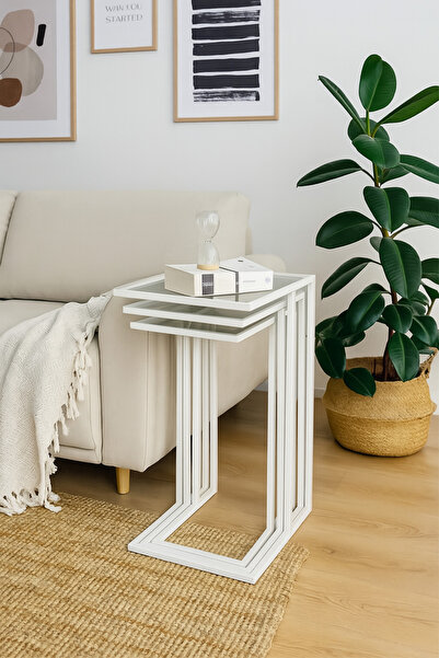 DEKOPRATİK Ibiza Üçlü C Zigon Sehpa Takımı Koltuk Sehpası Metal 3lü Yan Sehpa Füme Camlı Beyaz