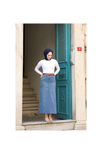 VELLICHOR Natural Fabric Belted Denim Skirt Blue