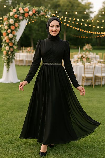 Neva Style ثنيات فستان سهرة أسود حجاب مفصل 5737s