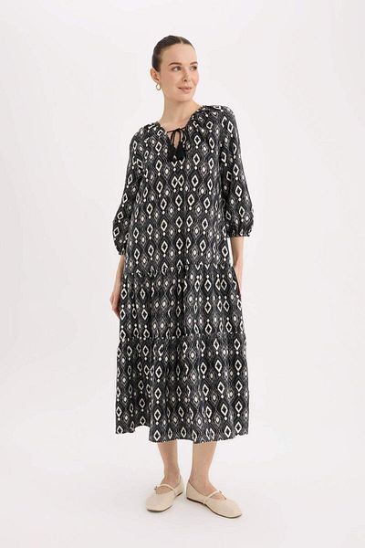 DeFacto A-Line V-Neck Print Long Sleeve Midi Dress D8912Ax25Sp