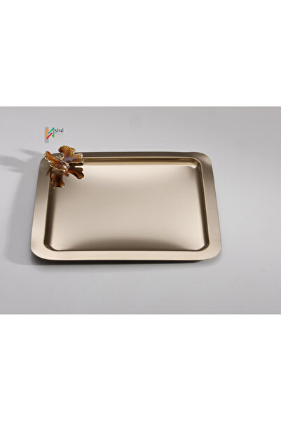 SİNİ Gold Kelebek Aksesuarlı Paslanmaz Çelik 6 Adet Kare Lüx Gold Kahve, Çay Sunum Servis Tepsisi